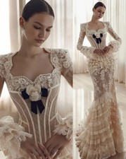 Elegant Champagne Lace Mermaid Prom Dress Long Flare Sleeves Tiers Slim Dresses