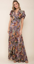 Raga Women's Dear Dahlia Floral Wrap Maxi Dress - Plum Floral - (SMALL)NEW