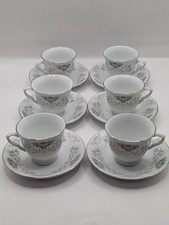 Vtg Set Porcelain Demitasse Cups Saucers 6 Each Made In China Blue Silver