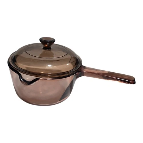 VTG Corning Visions FRANCE Amber Glass 1 Liter Saucepan Pour Spout Pyrex Lid USA