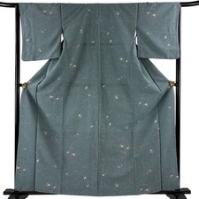 JAPANESE KIMONO KOMON gray-green 161cm 5 ft 3 in SYNTHETIC FIBER AA8633