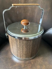 Vintage Atapco USA Faux Wood Grain Ice Bucket Chrome Lid Barware Mid Century Mod