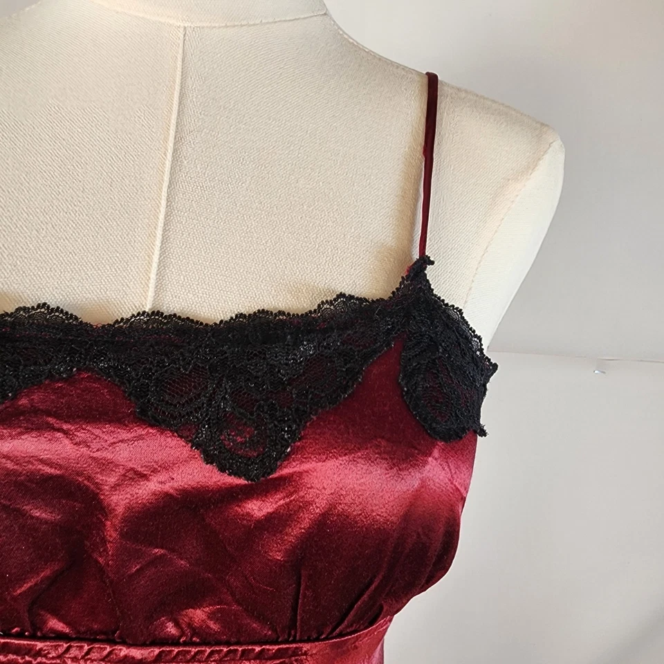 Burgundy Satin Lace Trim Cami Slip Mini Dress Lingerie babygirl milkmaid Y2K Red - Image 4 of 4
