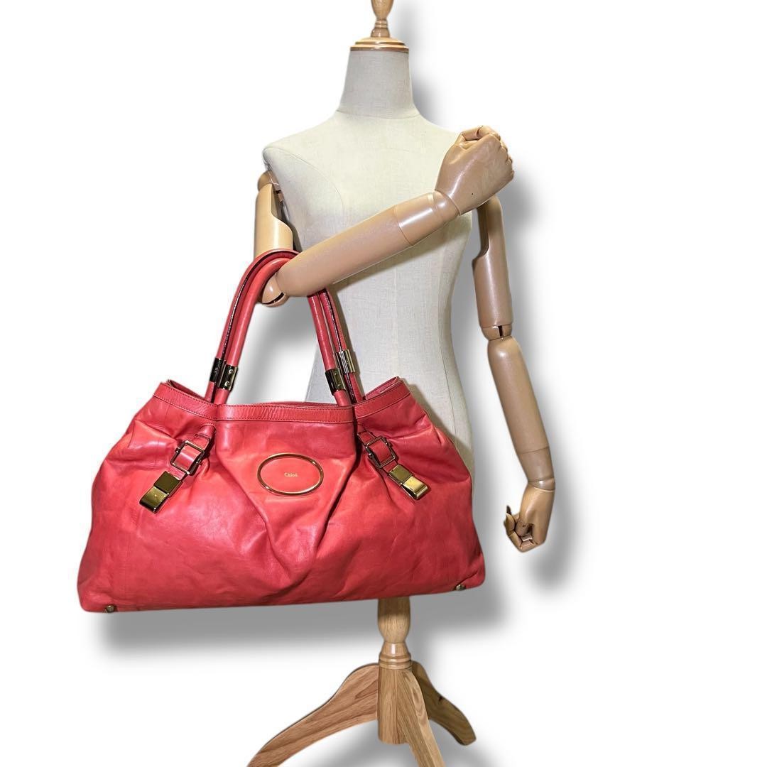 Chloe Victoria Women's Large Red Leather Tote Bag with Gold Hardware