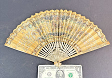 Antique Folding Hand Fan Hand Painted Floral Silver Gilted Paper Wood 1800's