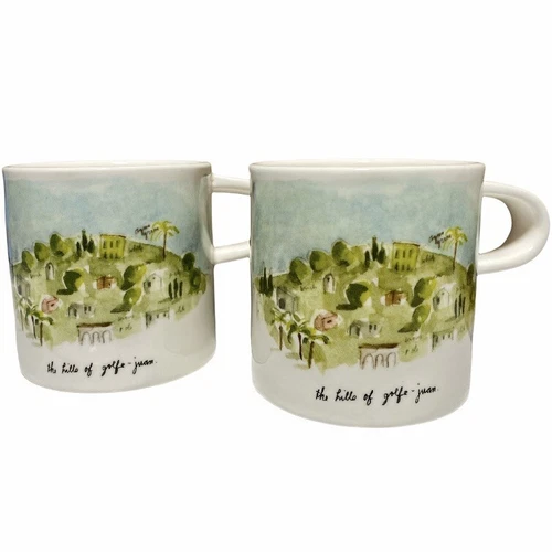 Set Of 2 Rae Dunn Boutique French Sketch “The Hills of Golfe-Juan” Mugs Vintage
