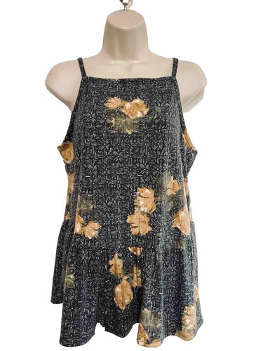 Maurices Sleeveless Top M Gray Mustard Floral Peplum Hem Spaghetti strap Pleated