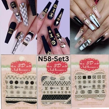 Set Of 3 Nail Sticker Design Black And Gold, 3D Nail Sticker Design