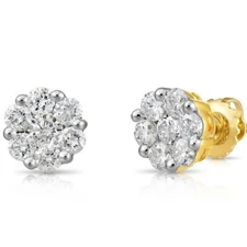 14K Solid Gold .75Ct Natural Round Diamond Cluster Flower Halo Stud Earrings