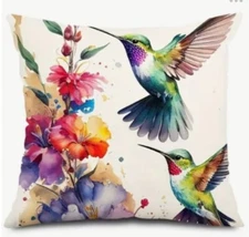 Floral Hummingbird Vibrant Linen Throw Pillow Cover Holiday HOME Decor 18”