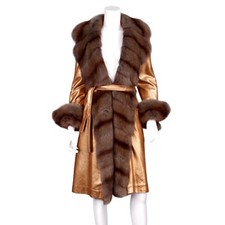 FENDI Metallic Gold Vera Pelle Leather Belted Mink Trim Coat - US 6