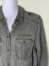 Express Military Green Boyfriend Button Front Shirt Size XS Roll Tab Sleeves