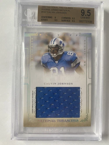2007 National Treasures #107 Calvin Johnson Ser #ed 11/49 Jersey Patch BGS 9.5