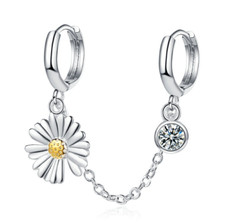 Daisy Chain Linked Sterling Silver CZ Huggie Hoop Earrings for 2 Ear Holes I60