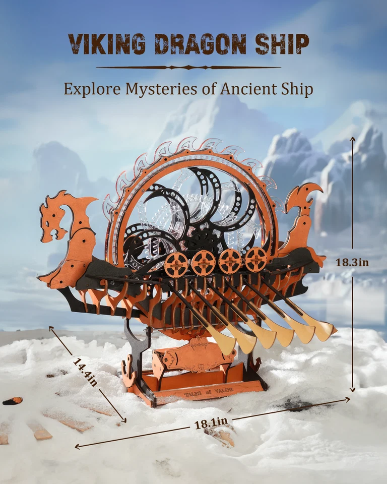 Rompecabezas de madera ROKR 3D para adultos barco dragón vikingo con luces LED juguete de construcción Foto 4 de 4