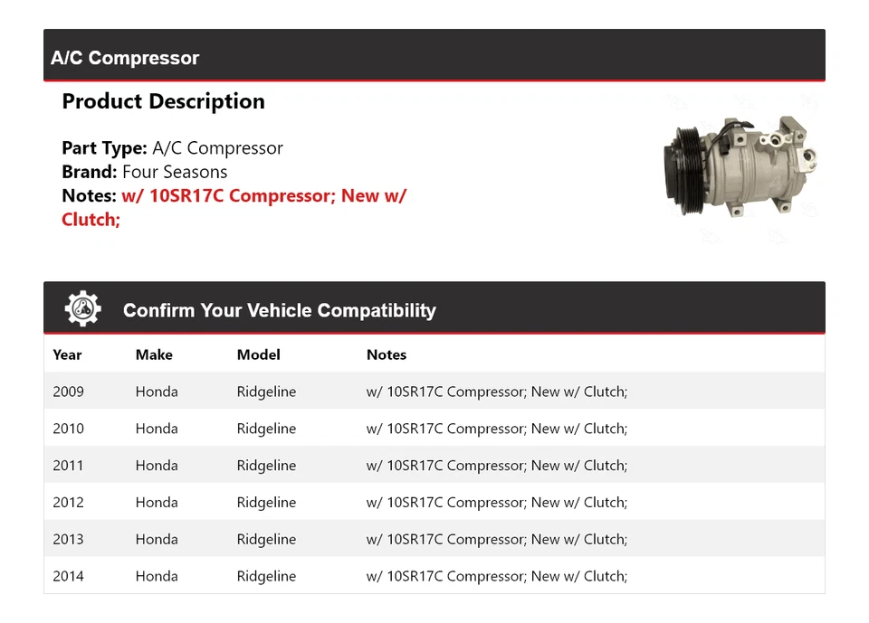 Compresor de aire acondicionado para Honda Ridgeline 2009-2014 4 estaciones 2010 2011 2012 2013 Foto 2 de 4
