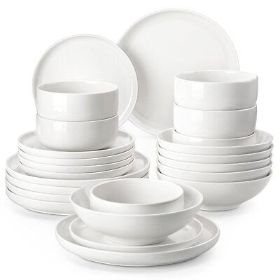 MALACASA 24-Piece Porcelain Bowl Plate Set White Dinnerware