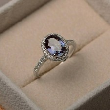 3Ct Oval Cut Lab-Created Alexandrite Halo Engagement Ring 14K White Gold Plated