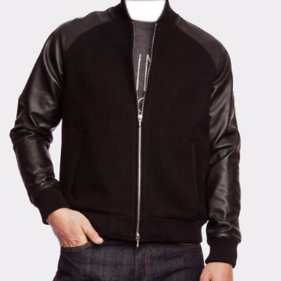 Black Wool Letterman Varsity College Zipper Jacket Black Real Leather Sleeves 