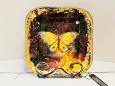 Gold Leaf Butterfly Square Plate Decorative with Stand Handmade Signed By Artist