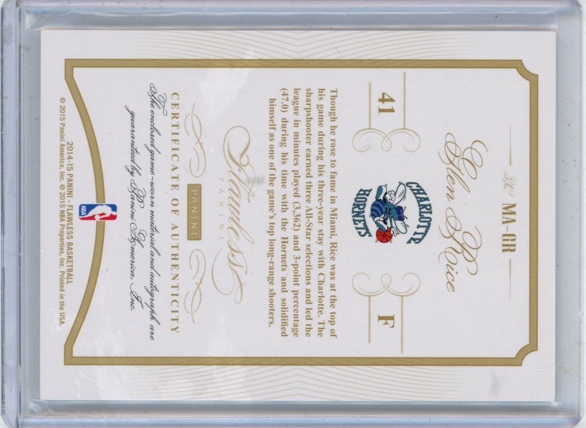 2014-15 Panini Flawless Glen Rice Game Worn Used GU Auto Patch /15 Ruby Hornets view 2