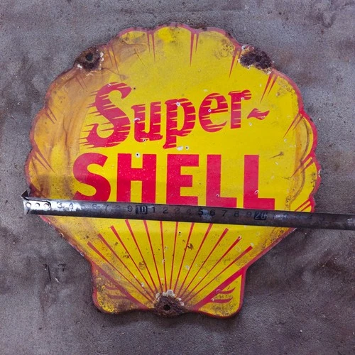 VINTAGE SUPER YELLOW SHELL OLD US GASOLINE OIL GAS PUMP ENAMEL PORCELAIN SIGN