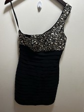Tony Bowls Black One Shoulder Dress 8 Beaded Bandage Cocktail Bodycon Glam Y2K