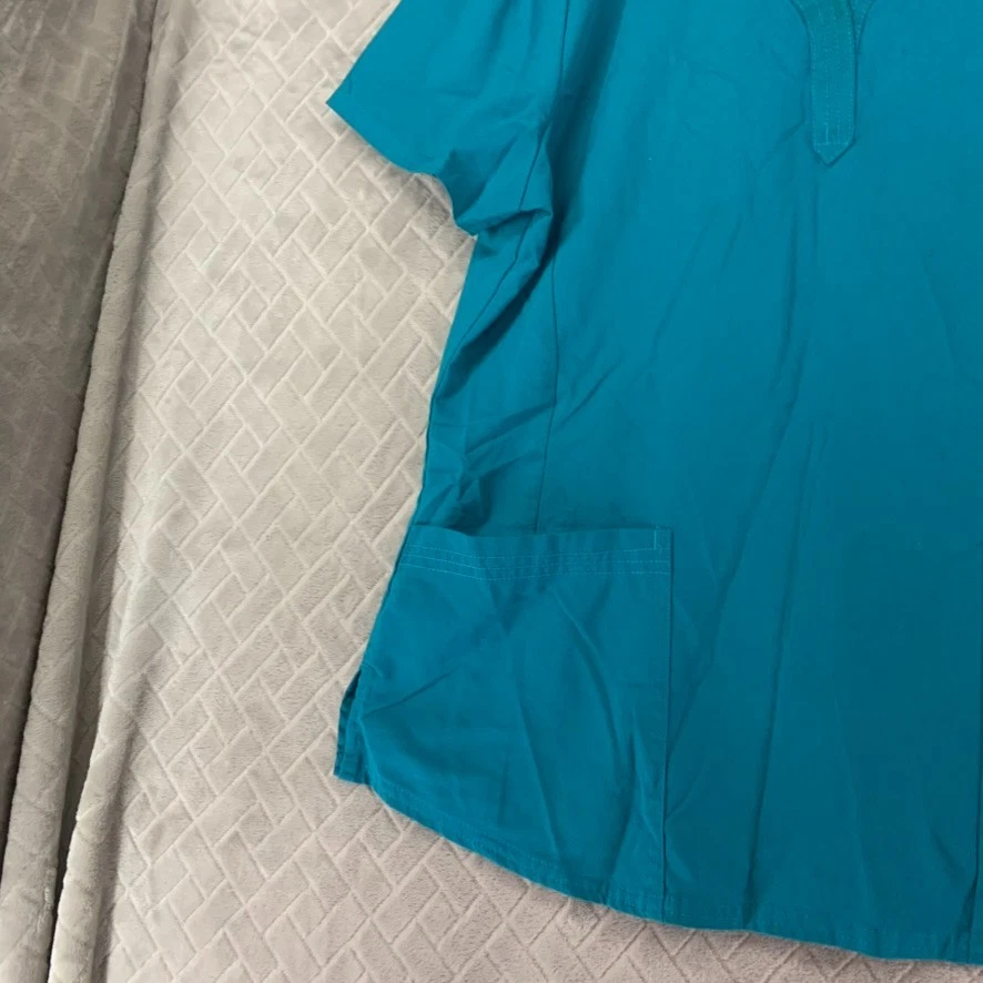 Purple Label Womens Large Scrub Top Teal Blue Short Sleeve Cargo Pockets Stretch - Image 3 of 4