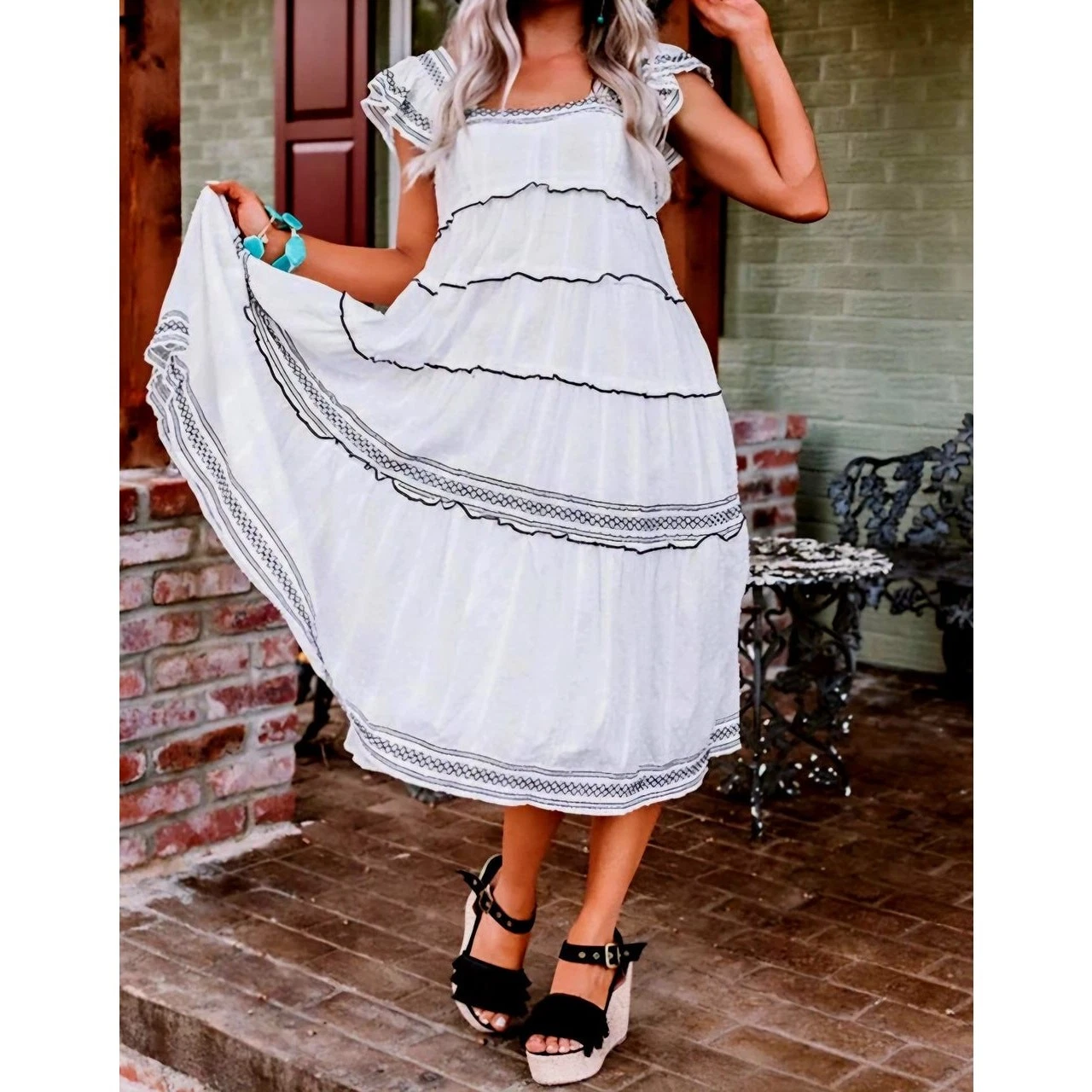 OFF WHITE Abito semimaxi midi OLIVACEOUS taglia M bianco sporco panna. Collo quadratoMidiSemiMaxiFlare