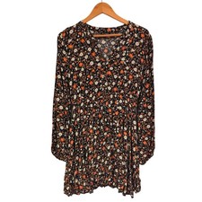 Blu Pepper Floral Print Long Sleeve Mini Dress Black Orange White Boho Chic L