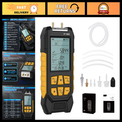 Dual-Port HVAC Manometer with 7 Adapters, Backlit Display, Data Locking, -100 to