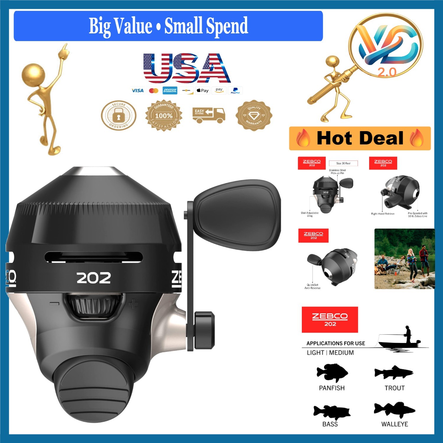 202 Spincast Fishing Reel Right-Hand All-Metal Gear 10lb Lin