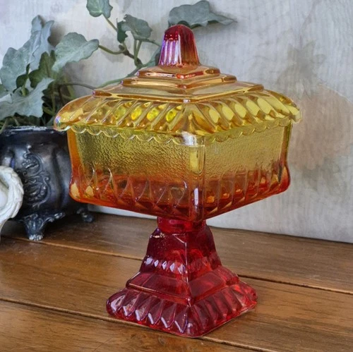 Vintage Jeanette Wedding Box Amberina Red Yellow Square Pedestal Candy Dish 6"