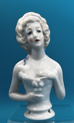 Antique German Porcelain Pincushion 3  Half Doll With Blue Ribbon