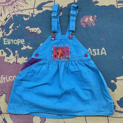 Vintage 90s OshKosh B'gosh Denim Jumper Dress Toddler Girls 6 Blue Bird Made USA