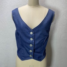 Hand Made Womens Blue Denim-Type Button Up Vest Classic V Neck Sleeveless Top