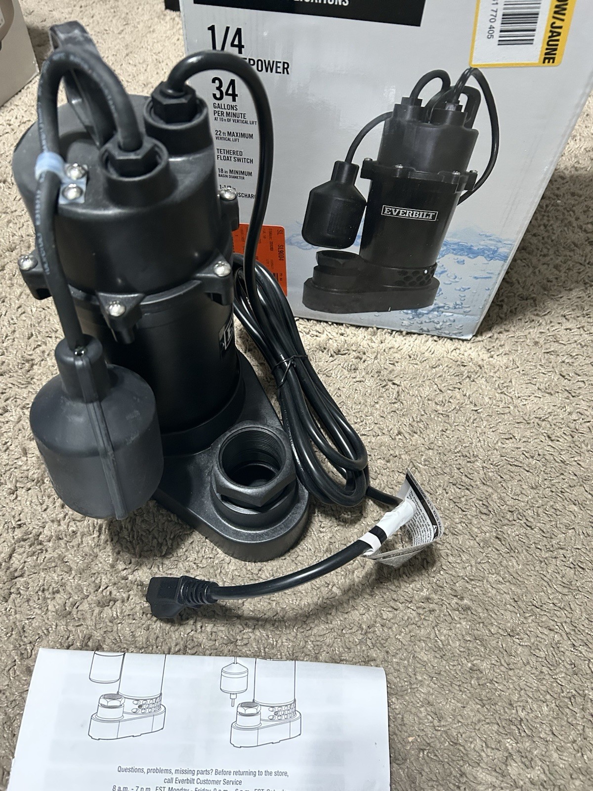 Everbilt 1/4 HP Aluminum Sump Pump with Tether Float Switch HDSP25W Tested Great Condition