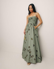 Reformation Women’s Size 8 Green Floral Maxi Dress Ruched Spaghetti Straps