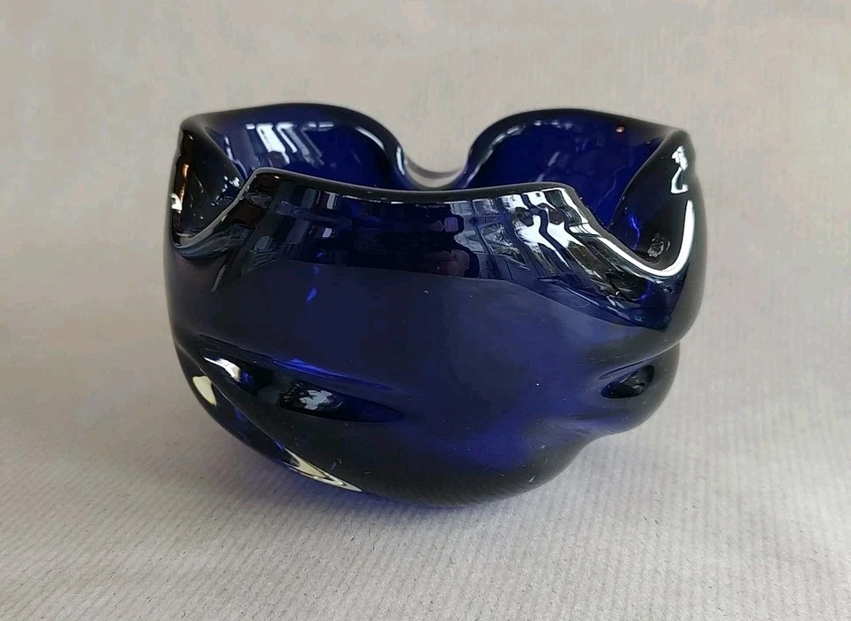 Czech Cobalt Blue Cased In Clear Biomorphic Glass Bowl 3" Tall - Image 2 of 4