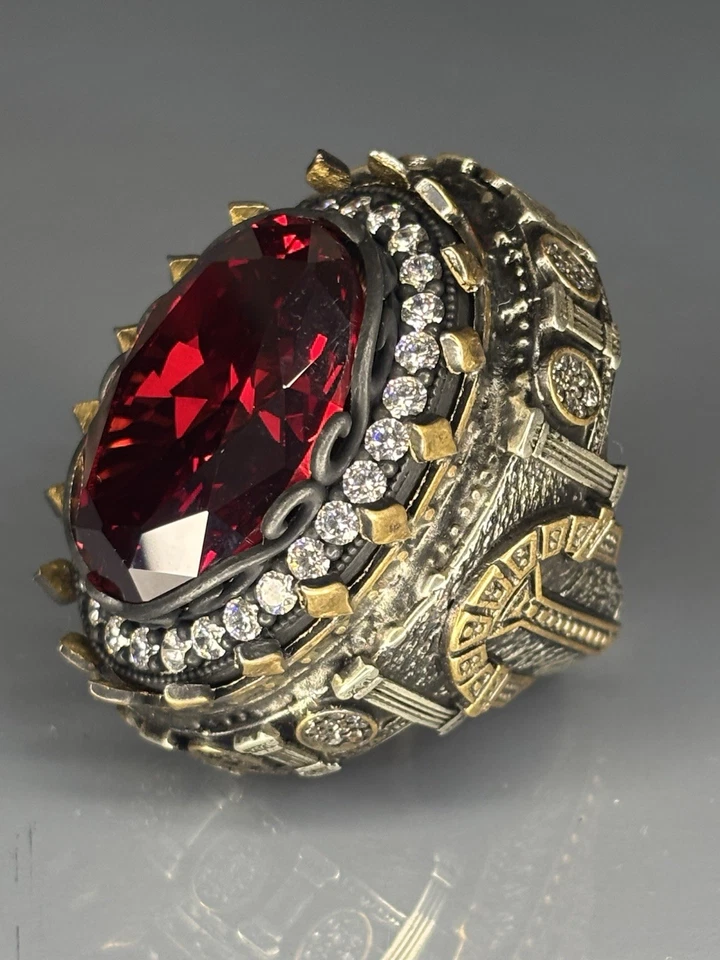 925 Sterling Silver Mens Ruby Ring: Ottoman Engraved Gothic Statement Jewelry - Image 3 of 4