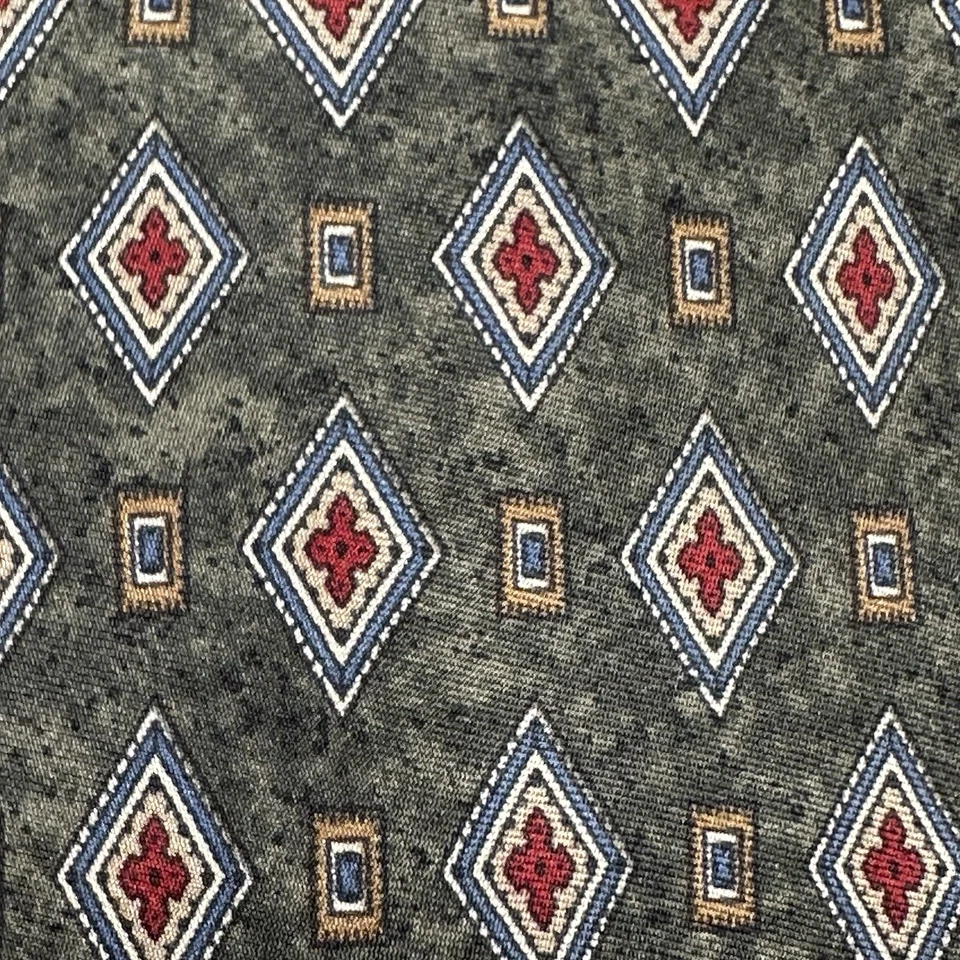 Vintage Savile Row Silk Tie Geometric Diamond Print Green/Red 100% Silk USA - Image 3 of 4