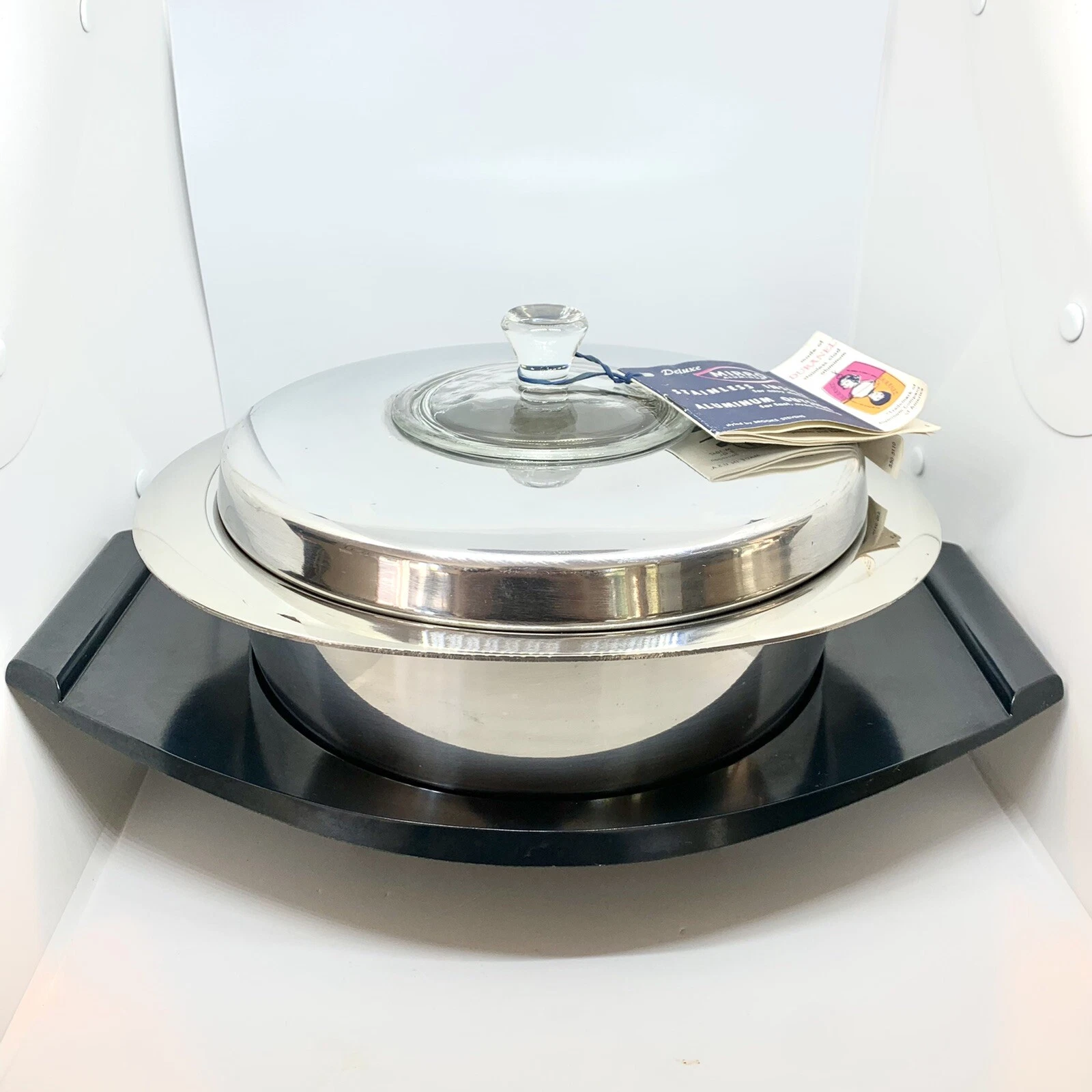 VINTAGE MIRRO Aluminum Stainless 2 1/2 QT Casserole PAN & Stand Cookware USA MCM
