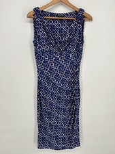 Lauren Ralph Lauren Dress Womens 8 Blue Ikat Geometric Sheath Ruched Sleeveless