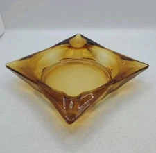 Vintage Amber Glass Ashtray Unique Shape ~ Retro Mid Century Decor 8"x6" VG