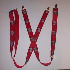 Vintage CAS West Germany Red Santa Christmas Suspenders Green Hat Gold Tone