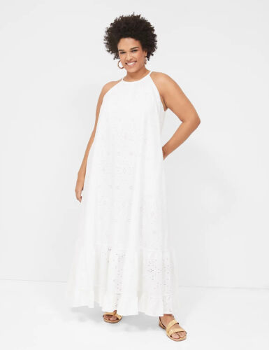Lane Bryant Halter Tie-Neck Tiered Eyelet Cotton Maxi Dress White Plus 18/20 NWT