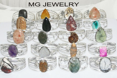 Sale 10 Pcs Natural Adjustable Cuff Bangles Lot Mix Gemstone 925 Silver Plated - Picture 3 of 12