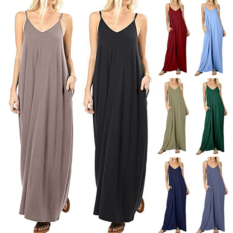 Women Casual Beach V-Neck Soft Jersey Cami Long Maxi Dress With Pocket Summ