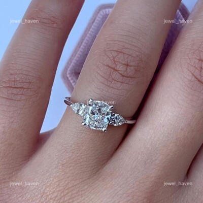 14K Solid White Gold Cushion Diamond Mother's Day Three-Stone Wife Ring Jewelry
