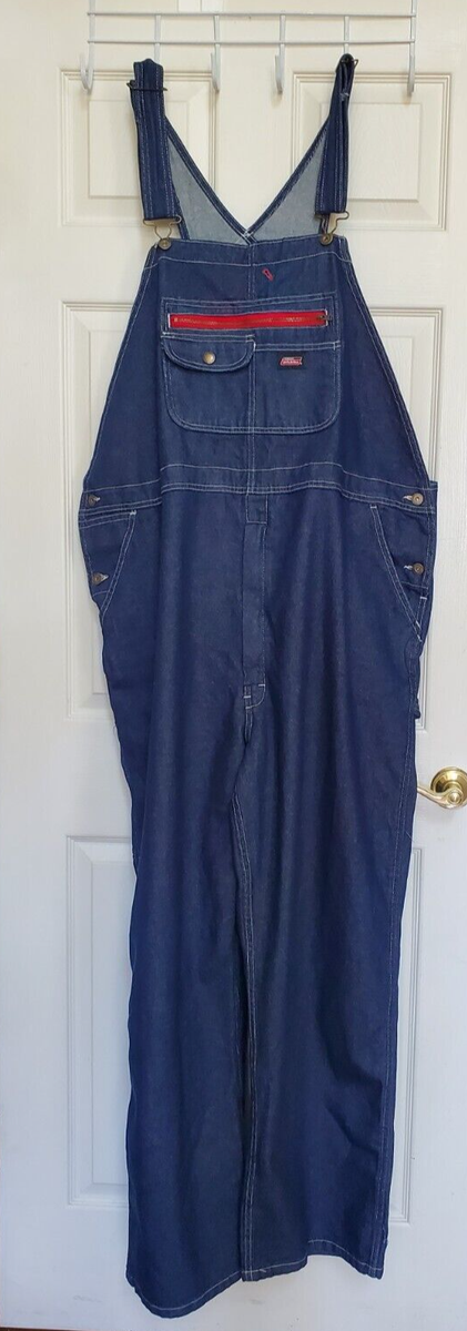 Men's DICKIES OVERALLS Denim Blue Jean 2XL 46X32 Bib Carpenter Red